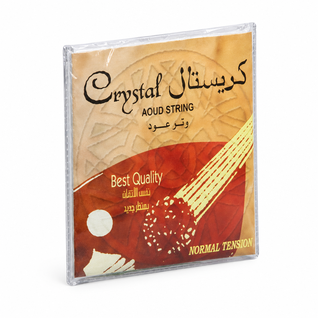 45-degree side view of the flat Crystal CRYSTAL-OUD-S normal-tension oud-string packet.