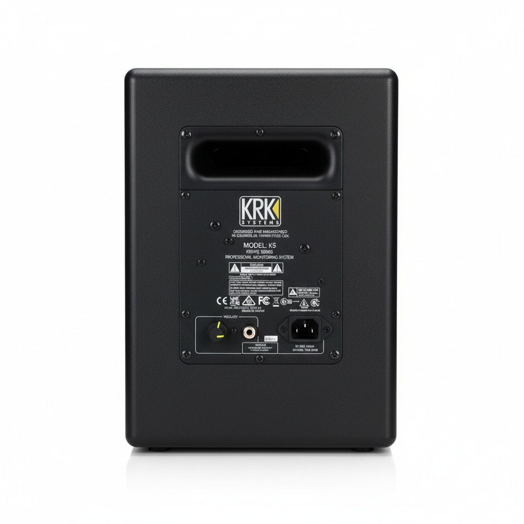 KRK Kreate 5 black powered studio monitor shown from the rear with KRK Systems label, rear port, connection panel, and power input