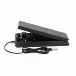 Yamaha FC7 black expression pedal shown in side profile with its angled footplate, base, attached cable, and connector on a white background