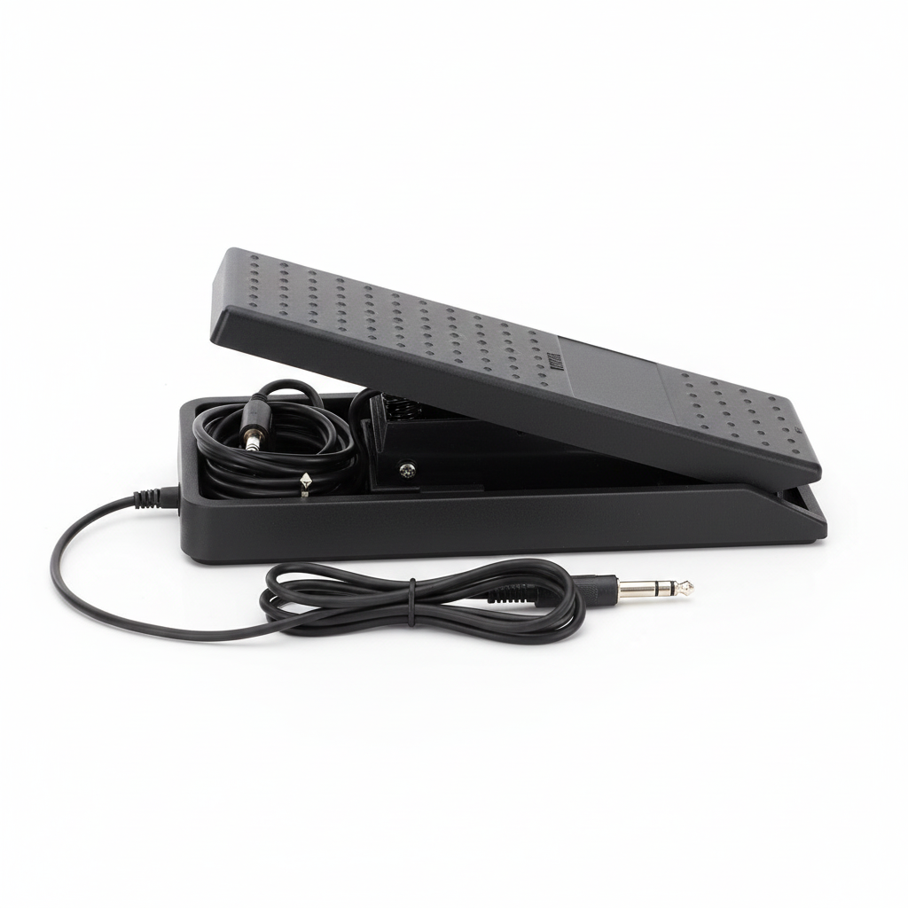 Yamaha FC7 black expression pedal shown in side profile with its angled footplate, base, attached cable, and connector on a white background