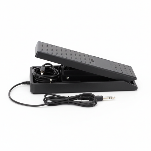 Yamaha FC7 black expression pedal shown in side profile with its angled footplate, base, attached cable, and connector on a white background