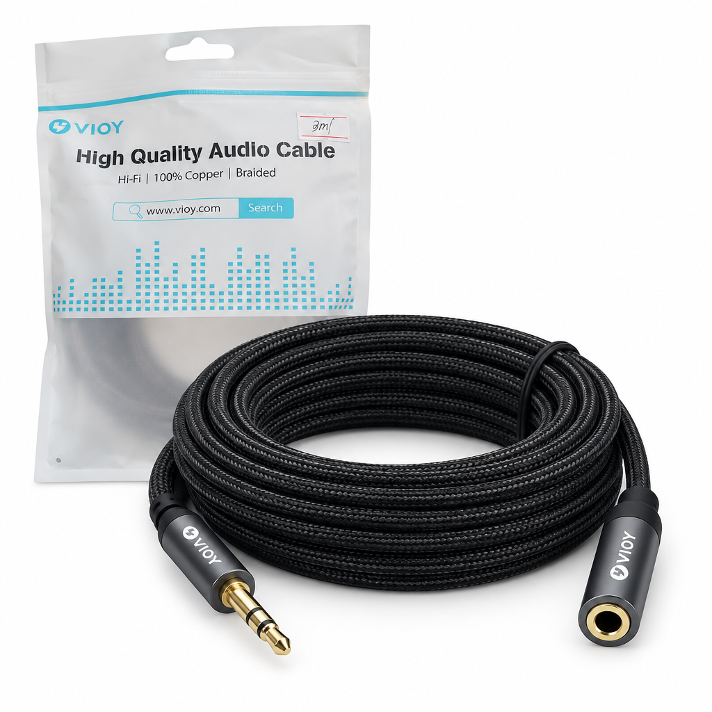 VIOY 3-meter braided audio extension cable outside the package, showing one male and one female 3.5 mm connector