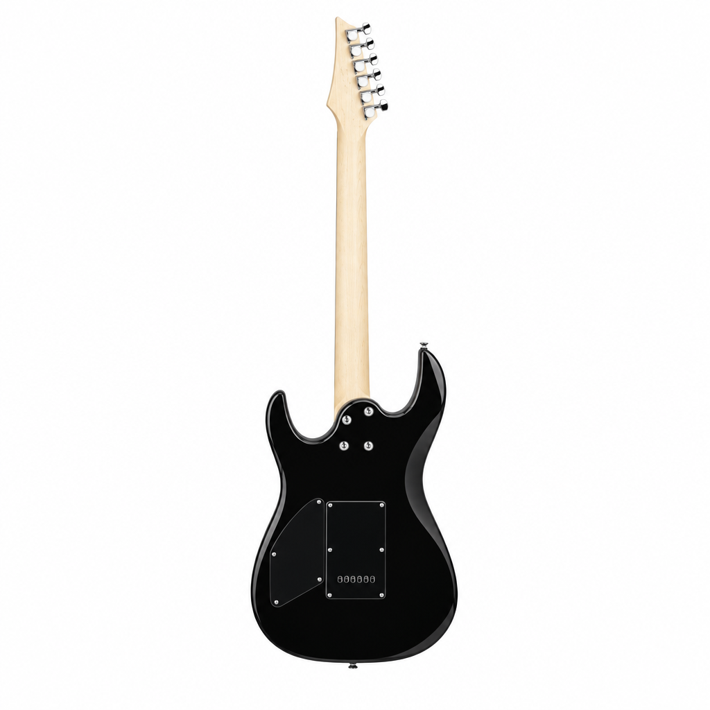 Straight back view of the Smiger L-G4-BK black electric guitar preserving its original finish, body, back, neck, headstock, and tuning machines