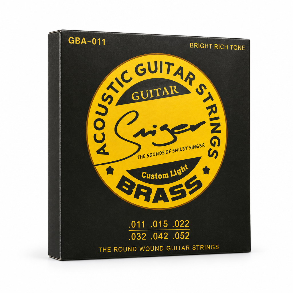 Smiger GBA-011 .011-.052 brass acoustic guitar strings package, three-quarter angled view showing package thickness and original manufacturer design
