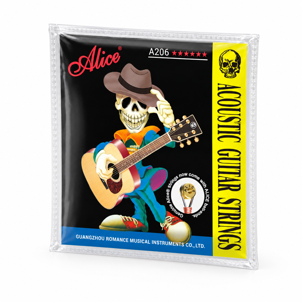 Three-quarter angled view showing the transparent sealed pouch around the Alice A206 acoustic guitar strings package