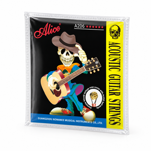 Three-quarter angled view showing the transparent sealed pouch around the Alice A206 acoustic guitar strings package