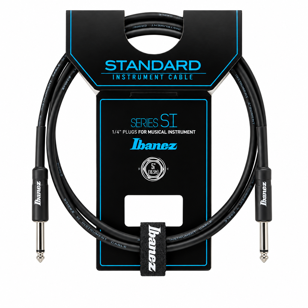 Ibanez SI5 black instrument cable with original packaging and two straight mono plugs, front view