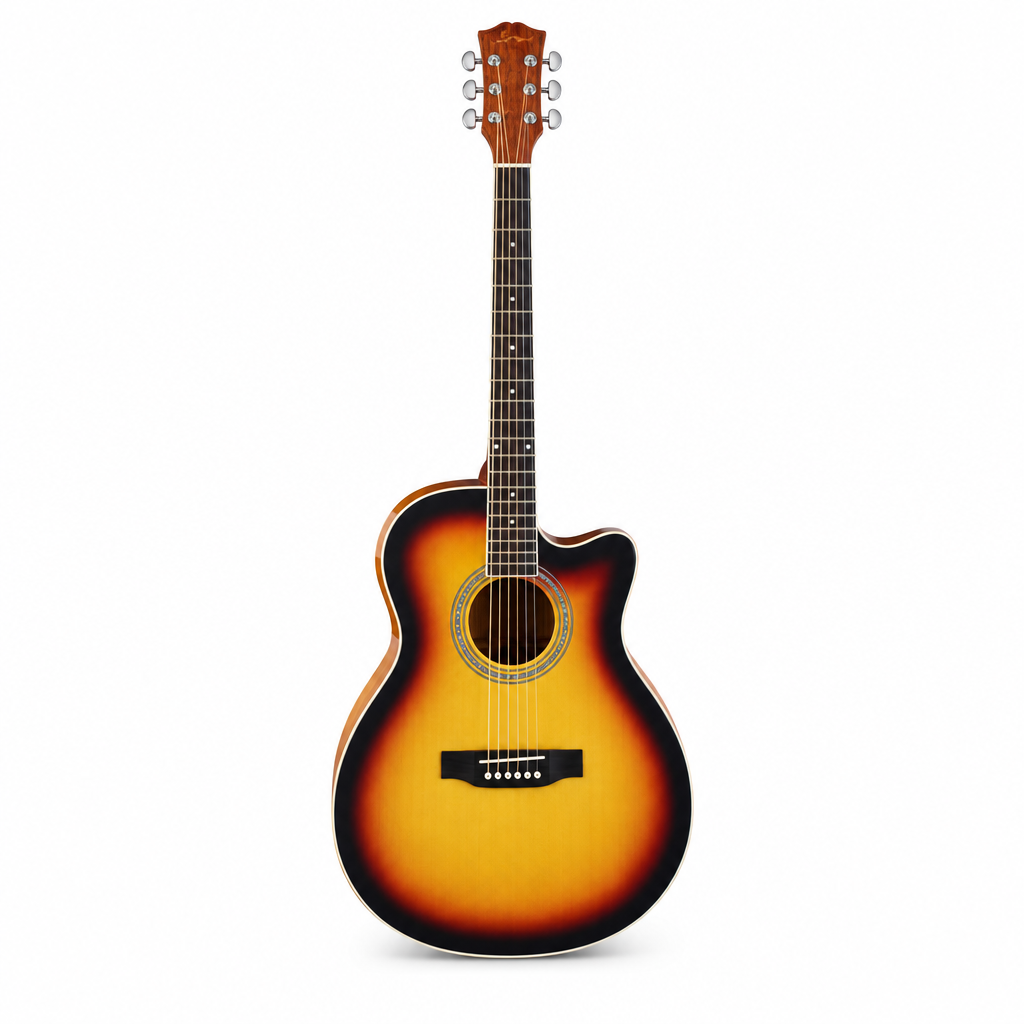 Straight front view of the Smiger GA-H10-3TS acoustic guitar preserving its original 3-color sunburst finish, cutaway body, soundhole, bridge, strings, neck, and headstock
