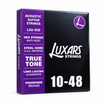 Luxars LX6-010 10-48 phosphor bronze acoustic guitar strings package, three-quarter angled view showing package thickness and original manufacturer design
