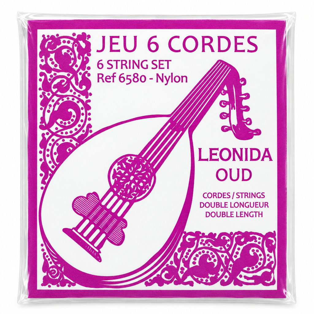 Close-up of Savarez Leonida 6580 double-length oud strings package and label