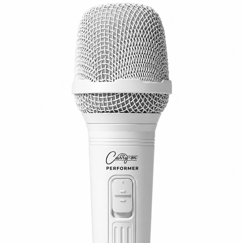 Close-up of the white Carry-On Performer microphone grille and upper handle switch.