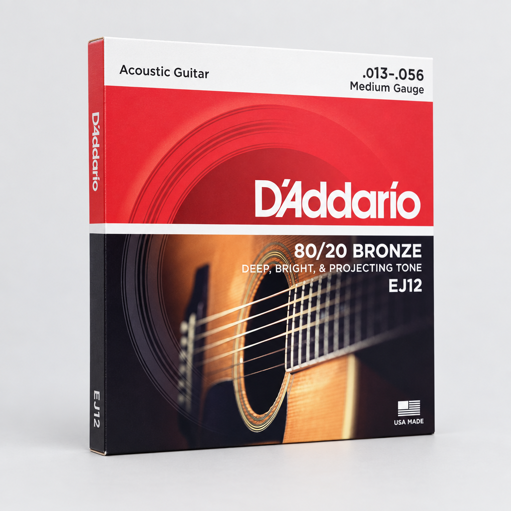 Three-quarter 45-degree view of the D'Addario EJ12 80/20 Bronze string package, showing its front and side edge.