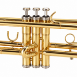 Close-up of the Khon 6418L trumpet valves, faux mother-of-pearl buttons, slides and braces