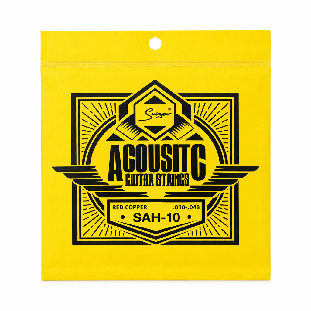 Smiger SAH-10 .010-.048 red copper acoustic guitar strings package, full front view with original manufacturer packaging and no external stickers or labels