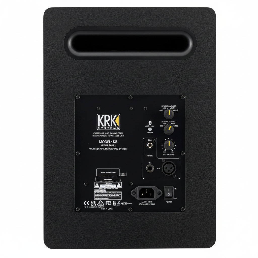 KRK K8-UK Kreate 8 black powered studio monitor shown from the rear with KRK Systems label, K8 model marking, controls, inputs, power switch, and power socket
