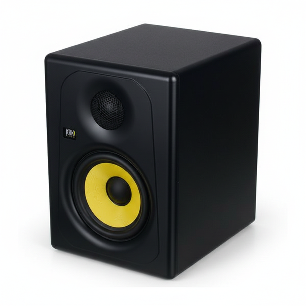 KRK Kreate 5 black powered studio monitor shown at a 45-degree angle with KRK logo, tweeter, yellow woofer, and cabinet depth