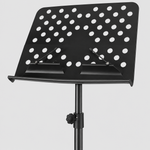 Close detail of the unbranded P-08B perforated music tray, page support arms, adjustment knob, and upper post