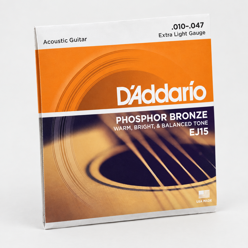 Three-quarter 45-degree view of the D'Addario EJ15 acoustic strings package showing its front and side profile.
