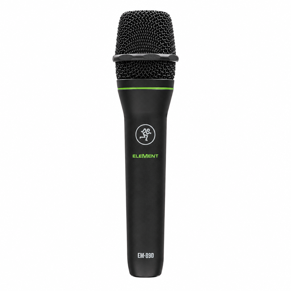Front view of the black Mackie EM-89D dynamic microphone.