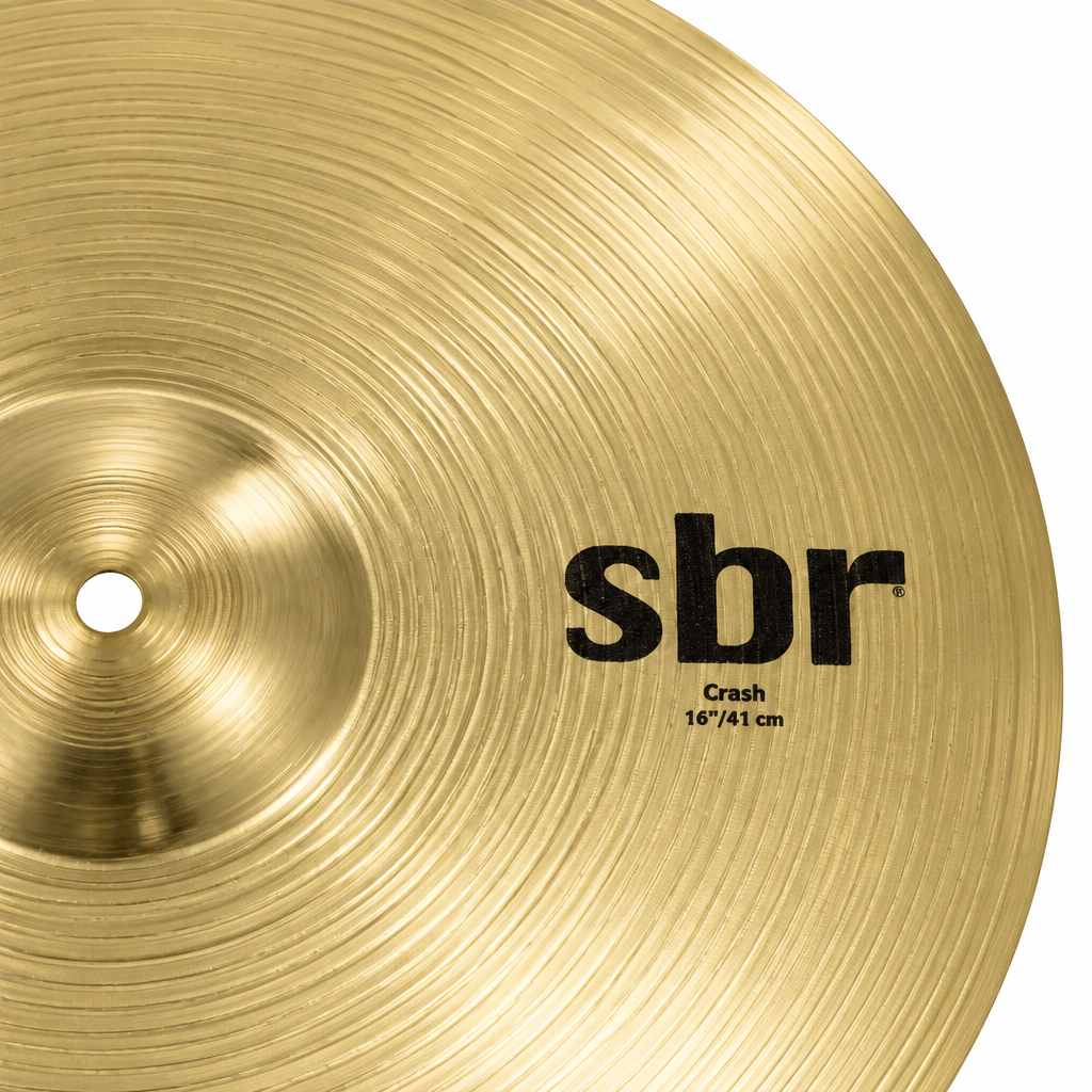 Close-up of a Sabian SBR cymbal surface with its visible SBR marking.