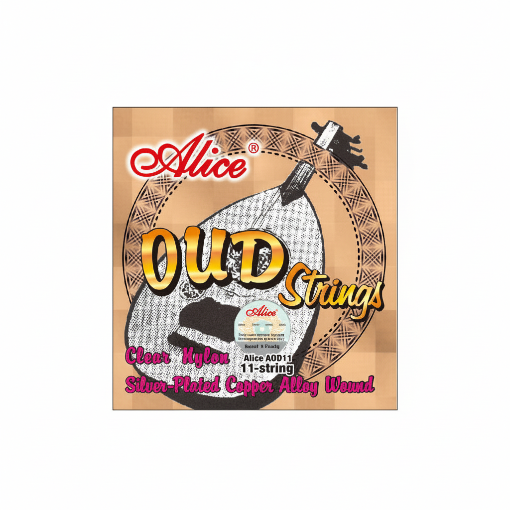 Alice AOD11 11-string oud set package shown from the front with Clear Nylon and Silver-Plated Copper Alloy Wound details on the original packaging