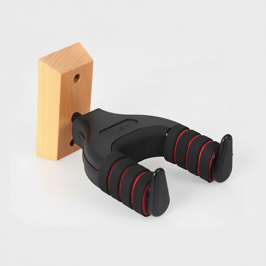 J-19A guitar hanger shown in a three-quarter view with its black padded arms, red accents, and mounting structure