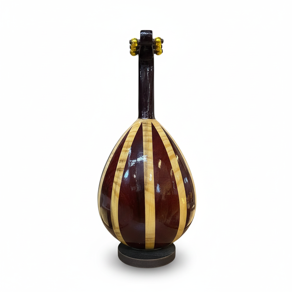 19cm oud decorative replica shown from the back with striped brown-and-cream body, miniature neck, tuning pegs, and display base on a white background