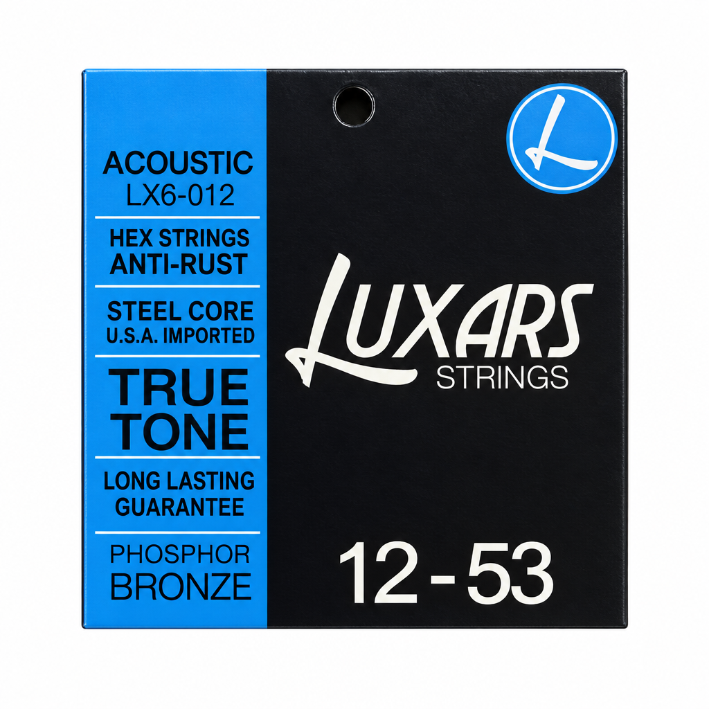 Luxars LX6-012 acoustic guitar strings package, full front view, showing the original 12-53 gauge and manufacturer packaging without external stickers or labels