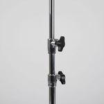 Close detail of one Cymbal G410 cymbal stand showing its adjustment clamps, wingnuts, telescoping tubes, and hardware