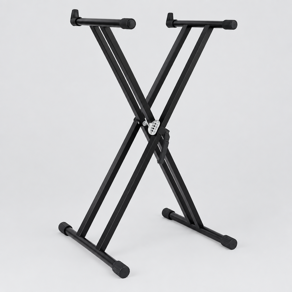 Unbranded QA210 black double-X keyboard stand shown open from a side angle with adjustable arms and rubber feet