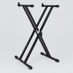Unbranded QA210 black double-X keyboard stand shown open from a side angle with adjustable arms and rubber feet
