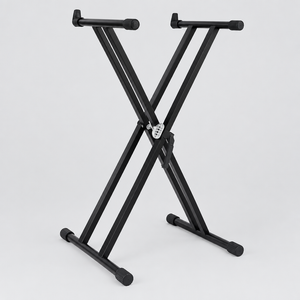 Unbranded QA210 black double-X keyboard stand shown open from a side angle with adjustable arms and rubber feet