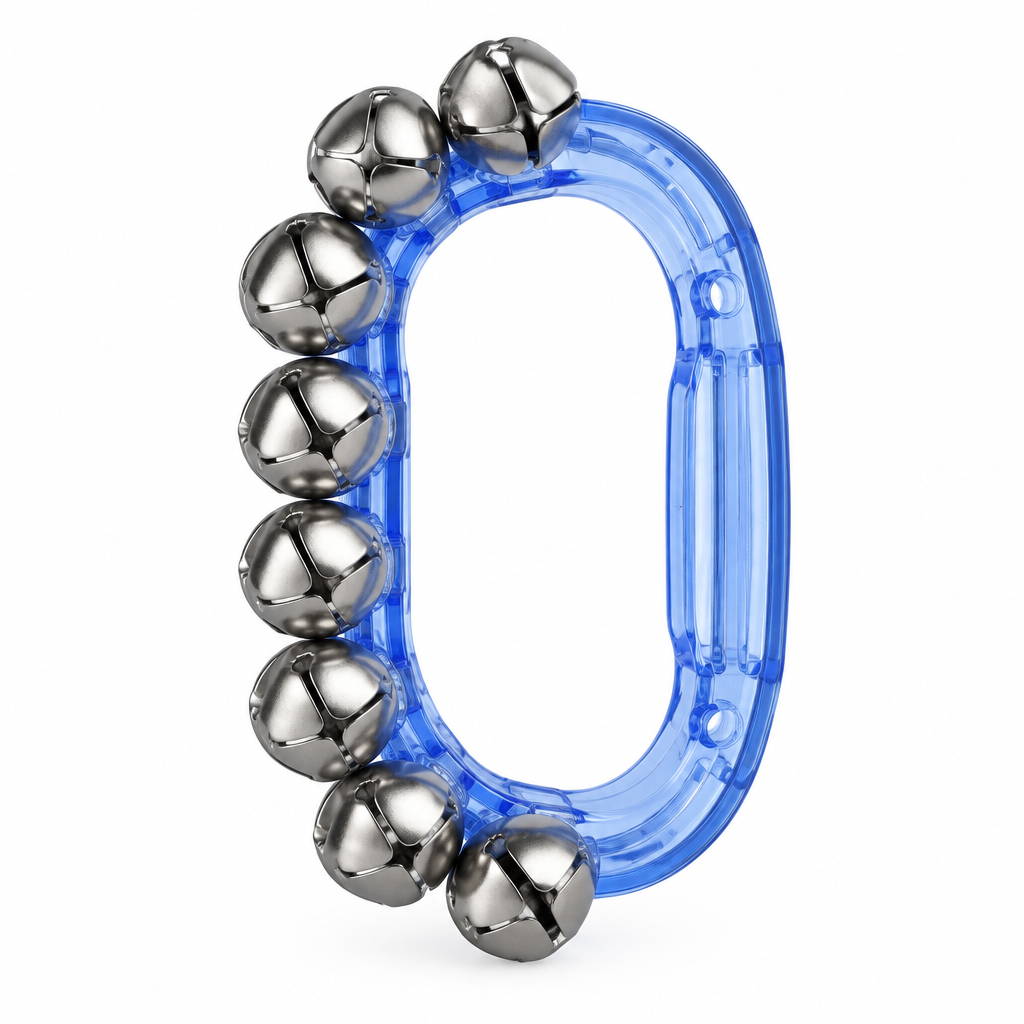Blue translucent handheld sleigh bell with metal bells, front view