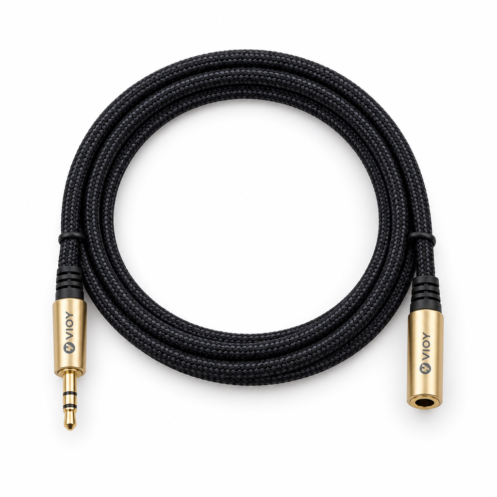 VIOY 1 m braided AUX audio extension cable, full view showing the 3.5 mm connectors