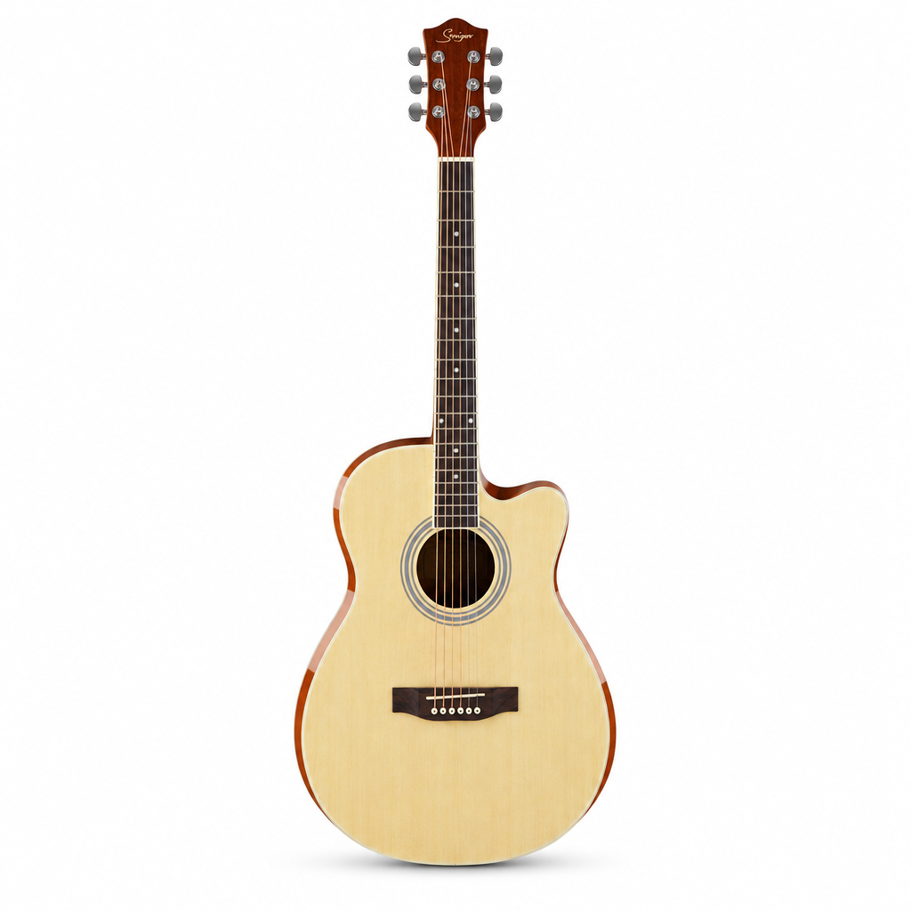 Straight front view of the Smiger GA-7710-N acoustic guitar preserving its original natural finish, cutaway body, soundhole, bridge, strings, neck, and headstock