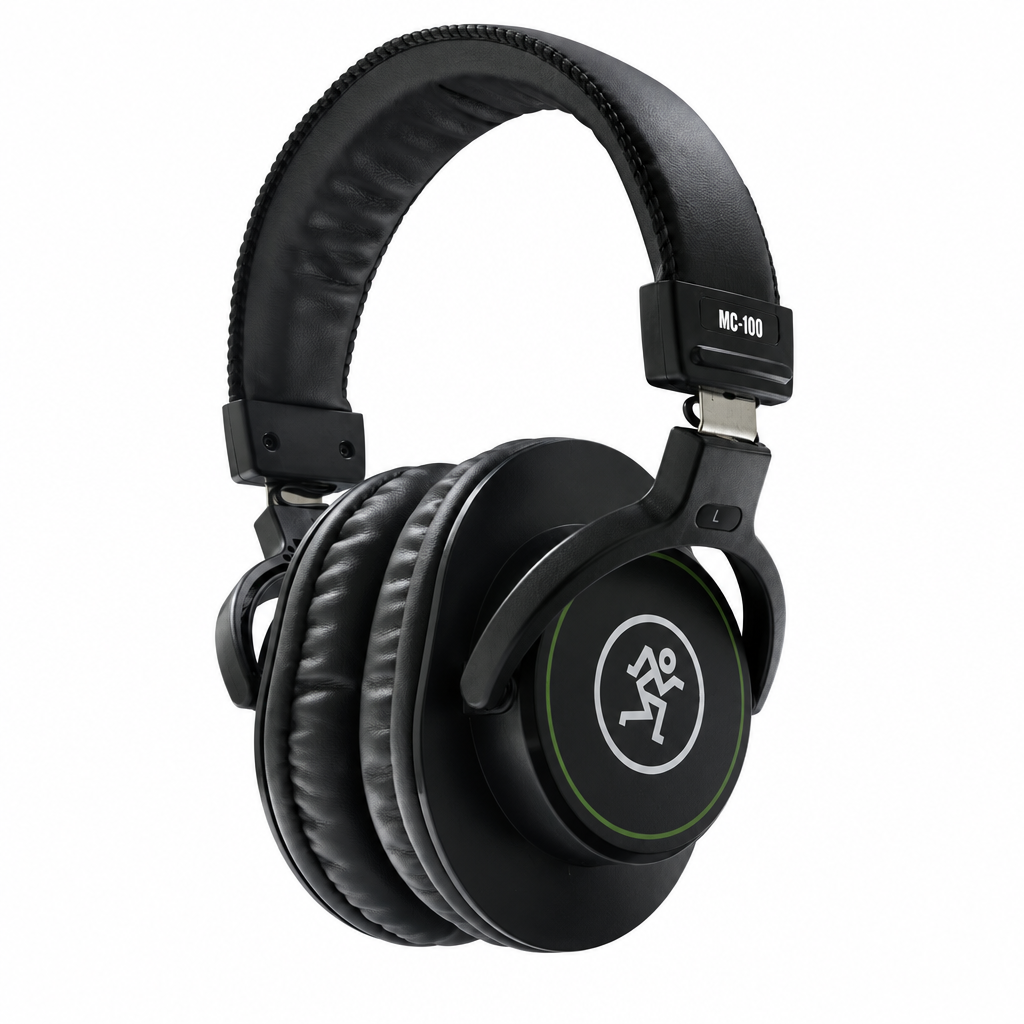 45-degree view of the black Mackie MC-100 closed-back headphones.