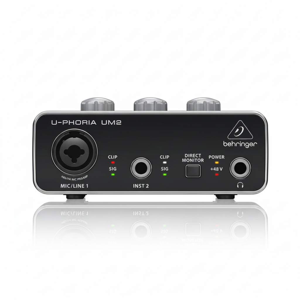 Behringer U-Phoria UM2 black USB audio interface shown from the front with XLR/TRS microphone input, instrument input, Direct Monitor switch, headphone output, and status lights