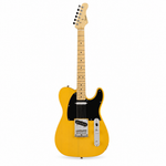 Straight front view of the Smiger S-G17 BSB electric guitar preserving the original yellow-orange finish, original body shape, pickups, bridge, pickguard, control plate, neck, and headstock