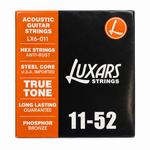 Close-up of the Luxars LX6-011 phosphor bronze acoustic guitar strings package showing the original 11-52 gauge and package specifications