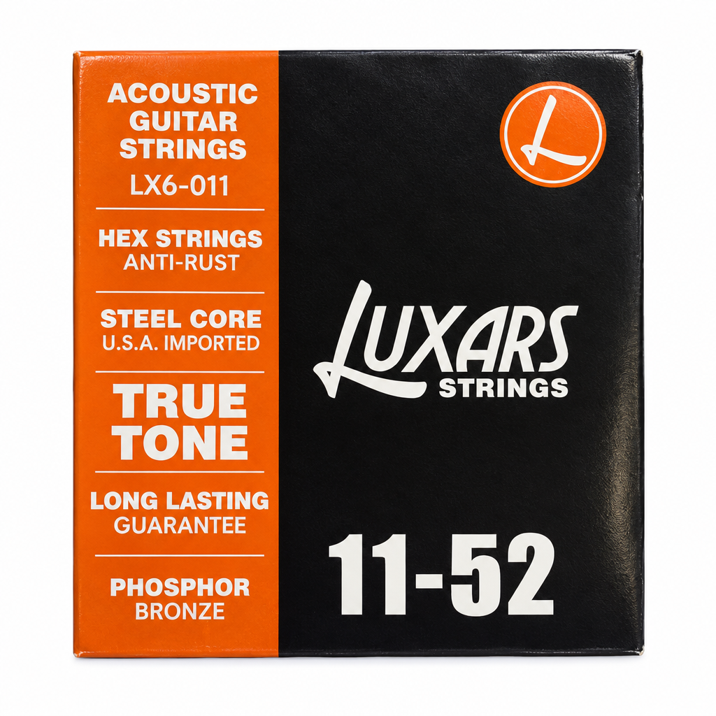 Close-up of the Luxars LX6-011 phosphor bronze acoustic guitar strings package showing the original 11-52 gauge and package specifications