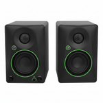 Pair of two Mackie CR5BT black powered studio monitors shown from the front with 5.25-inch woofers, tweeters, green trim, and front controls