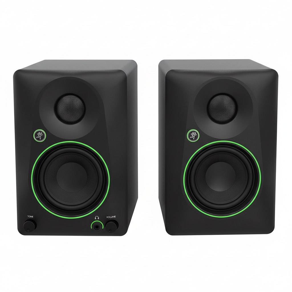 Pair of two Mackie CR5BT black powered studio monitors shown from the front with 5.25-inch woofers, tweeters, green trim, and front controls