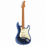Straight front view of the Smiger L-G2-i3 LMS blue electric guitar showing its glossy blue finish, cream pickguard, pickups, tremolo bridge, strings, controls, neck, and headstock