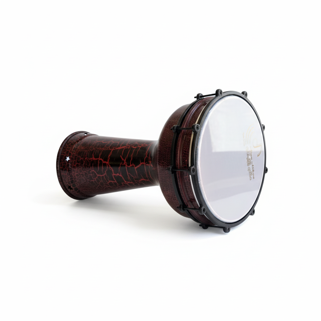 Unbranded Syrian Mukasir Star darbuka lying horizontally, showing the dark star-patterned body, drumhead, rim, and hardware on a clean white background