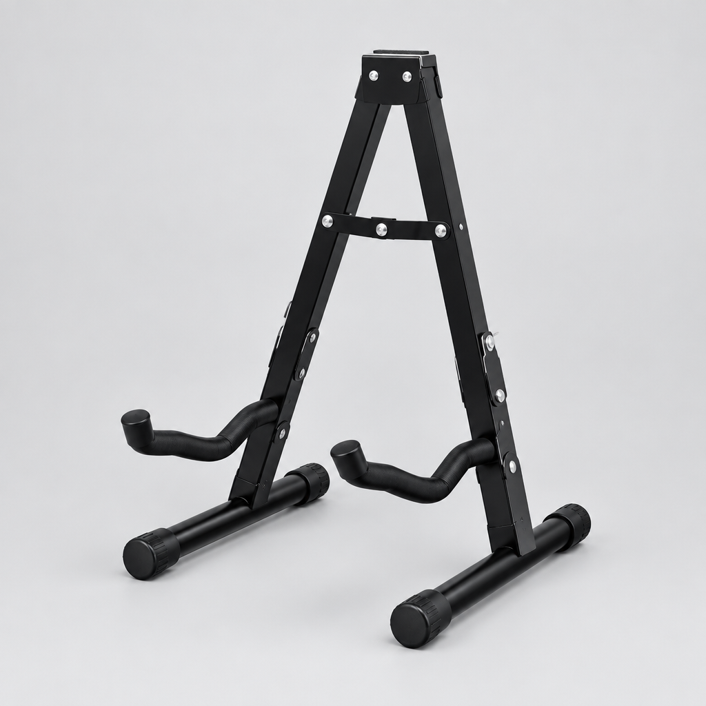 Unbranded J-40E A-frame guitar stand shown from a three-quarter angle with padded contact arms, foldable frame, and rubber feet