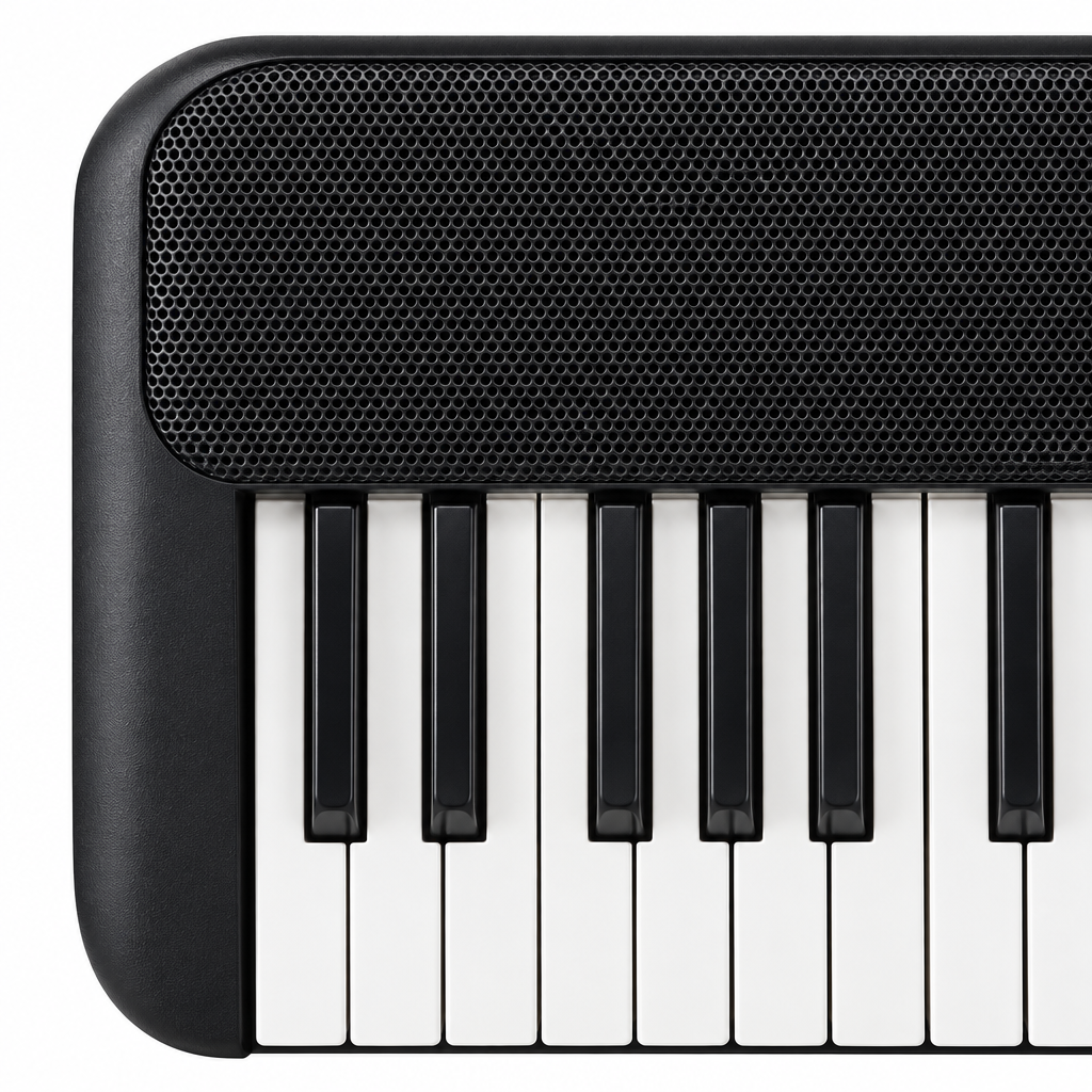 Close-up detail of the Yamaha PSR-F52 speaker grille and black-and-white keys.