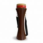 Kasoor traditional hand drum shown upright from the front with brown shaped body, red-accented top rim, and black shoulder strap on a white background