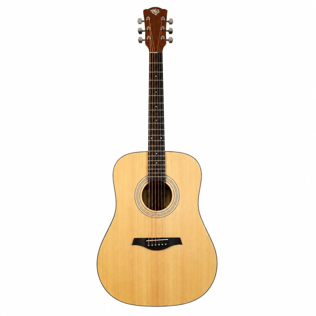 Front view of the natural Rockdale Maverick D3 Gloss dreadnought acoustic guitar