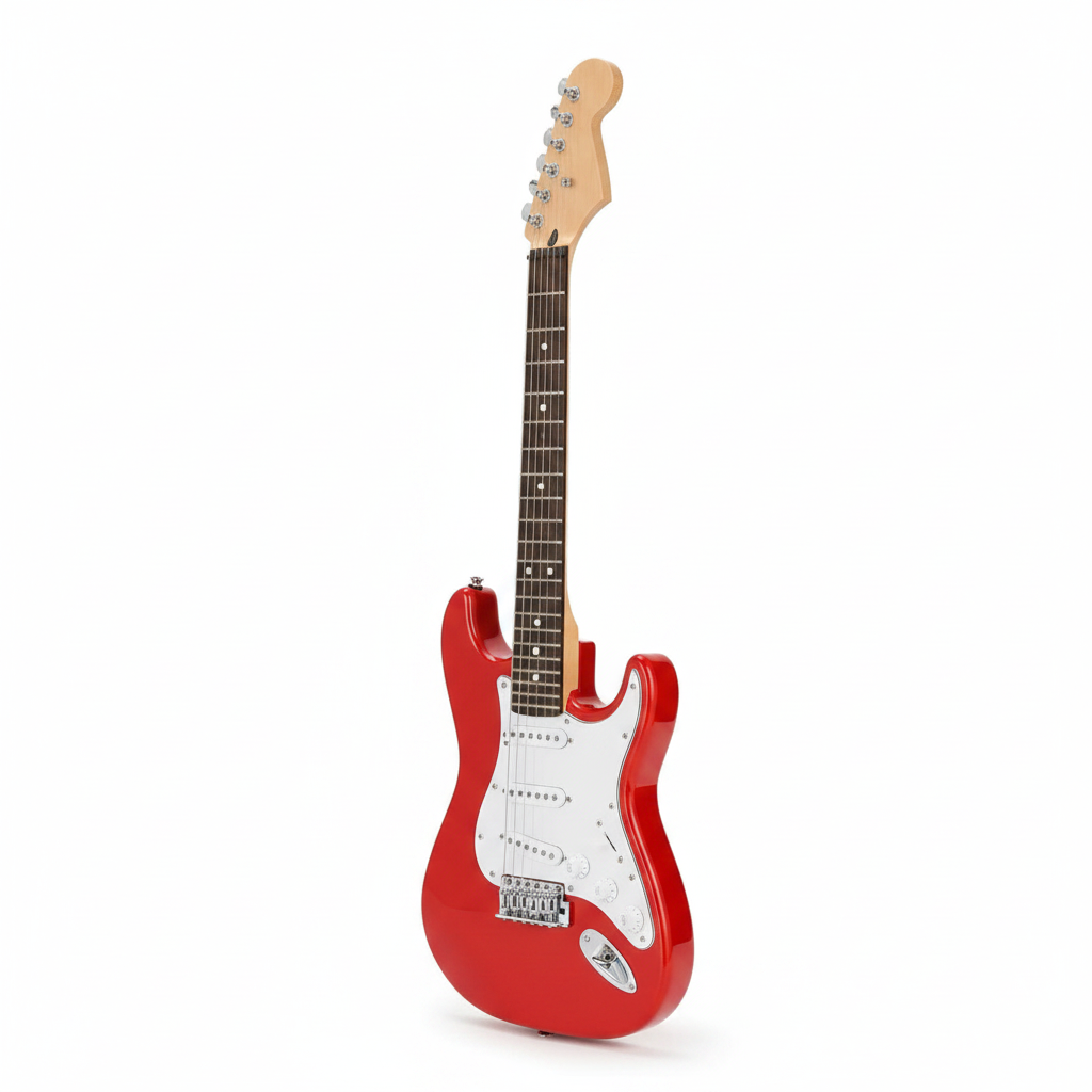 Unbranded red kids electric guitar shown upright at a three-quarter angle, revealing the compact body, white pickguard, controls, and side profile