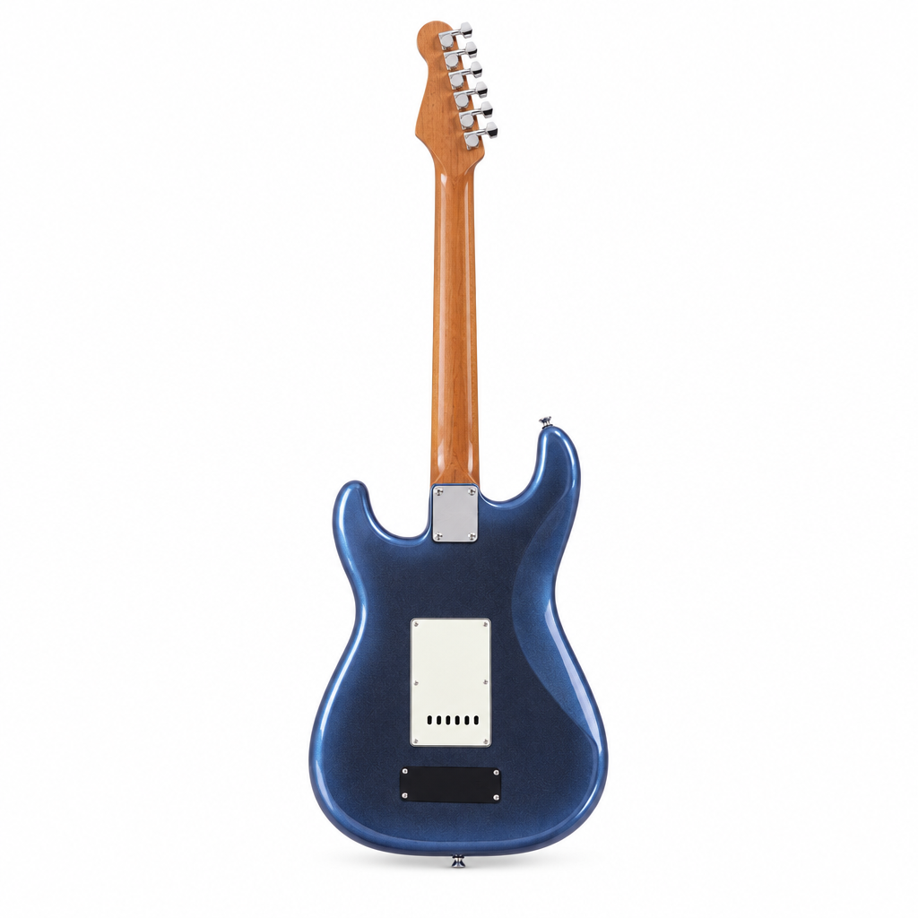 Straight back view of the Smiger L-G2-i3 LMS blue electric guitar showing its glossy blue finish, body, back, neck, headstock, and tuning machines